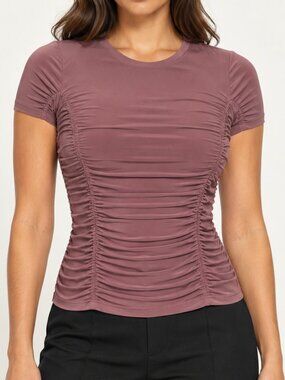 Mauve Ruched Fitted Top Short Sleeve Crew Neck Popular 21 Womens Size Medium